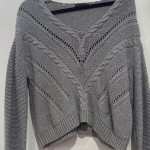 Gray Cable Knit V-Neck Sweater